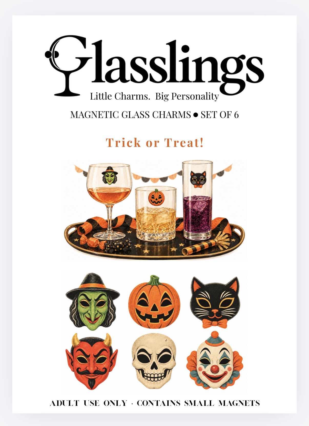 Trick or Treat vintage Halloween mask magnetic glass charms